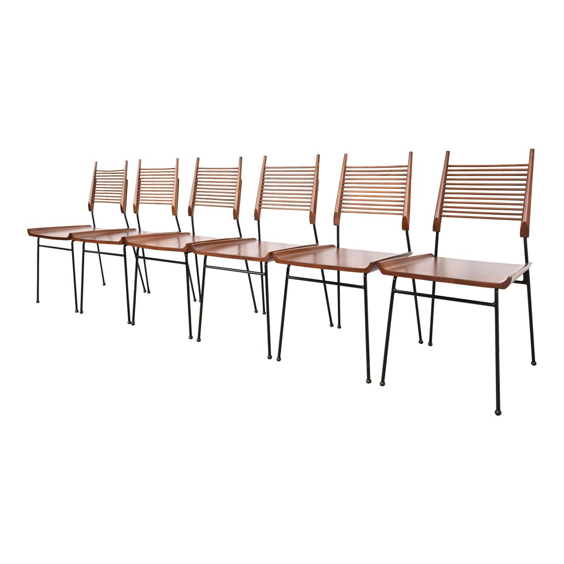 Paul McCobb Planner Group Maple and Iron "Shovel" Dining Chairs, Fully Restored: An exceptional set of six Mid-Century Modern "shovel" dining chairs By Paul McCobb for Winchendon Furniture, "Planner Group" USA, 1950s Sculpted solid maple seats and back supports, with black iron fr