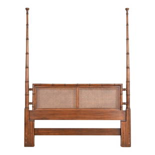 Henredon Mid-Century Hollywood Regency Faux Bamboo and Cane Queen Size Poster Headboard, 1960s: A gorgeous mid-century modern Hollywood Regency queen size poster headboard By Henredon USA, 1960s Carved walnut in faux bamboo form, with caned panels. Measures: 60"W x 2.5"D x 79.25"H. Center height