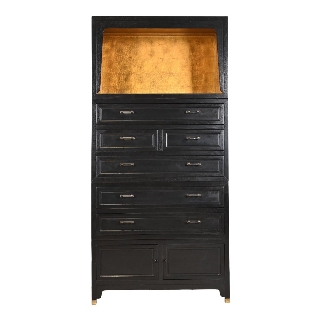 Michael Taylor for Baker Far East Collection Black Lacquer and Gold Leaf Bar Cabinet, 1960s: A gorgeous mid-century modern Hollywood Regency Chinoiserie stacking lighted wall unit or bar cabinet By Michael Taylor for Baker Furniture, "Far East Collection" USA, 1960s Black lacquered walnut, wi