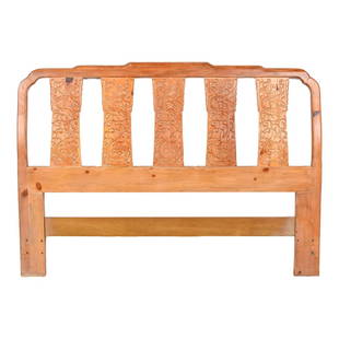 Henredon Chinoiserie Solid Pine Queen Size Headboard With Dragon Motifs, Circa 1970s: A gorgeous Hollywood Regency or Chinoiserie queen size headboard By Henredon USA, Circa 1970s Carved solid pine, with dragon motifs. Measures: 60.5"W x 4"D x 43.25"H. Very good original vintage condit