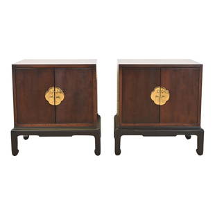 Michael Taylor for Henredon Mid-Century Hollywood Regency Mahogany Nightstands, Newly Refinished: A gorgeous pair of mid-century modern Hollywood Regency Chinoiserie nightstands By Michael Taylor for Henredon USA, Circa 1970s Mahogany, with black lacquered bases, and original Asian-inspired brass