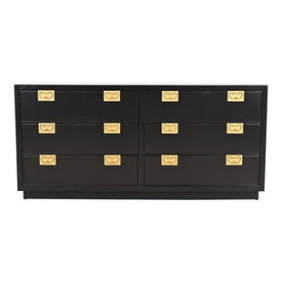 Henredon Hollywood Regency Campaign Black Lacquered Dresser, Newly Refinished: An exceptional mid-century modern Hollywood Regency Campaign six-drawer dresser or credenza By Henredon USA, Circa 1970s Black lacquered ash wood, with original brass hardware. Measures: 64"W x 19"D x