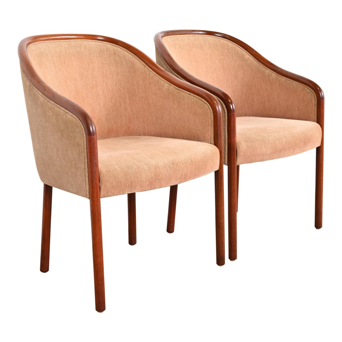Ward Bennett for Brickel Associates Landmark Sculpted Ash Upholstered Tub Chairs, Pair: A gorgeous pair of Modern "Landmark" club chairs, tub chairs, or armchairs By Ward Bennett for Brickel Associates USA, Circa 1980s Sculpted ash frame, with upholstered seat and back. Measures: 23.5"W