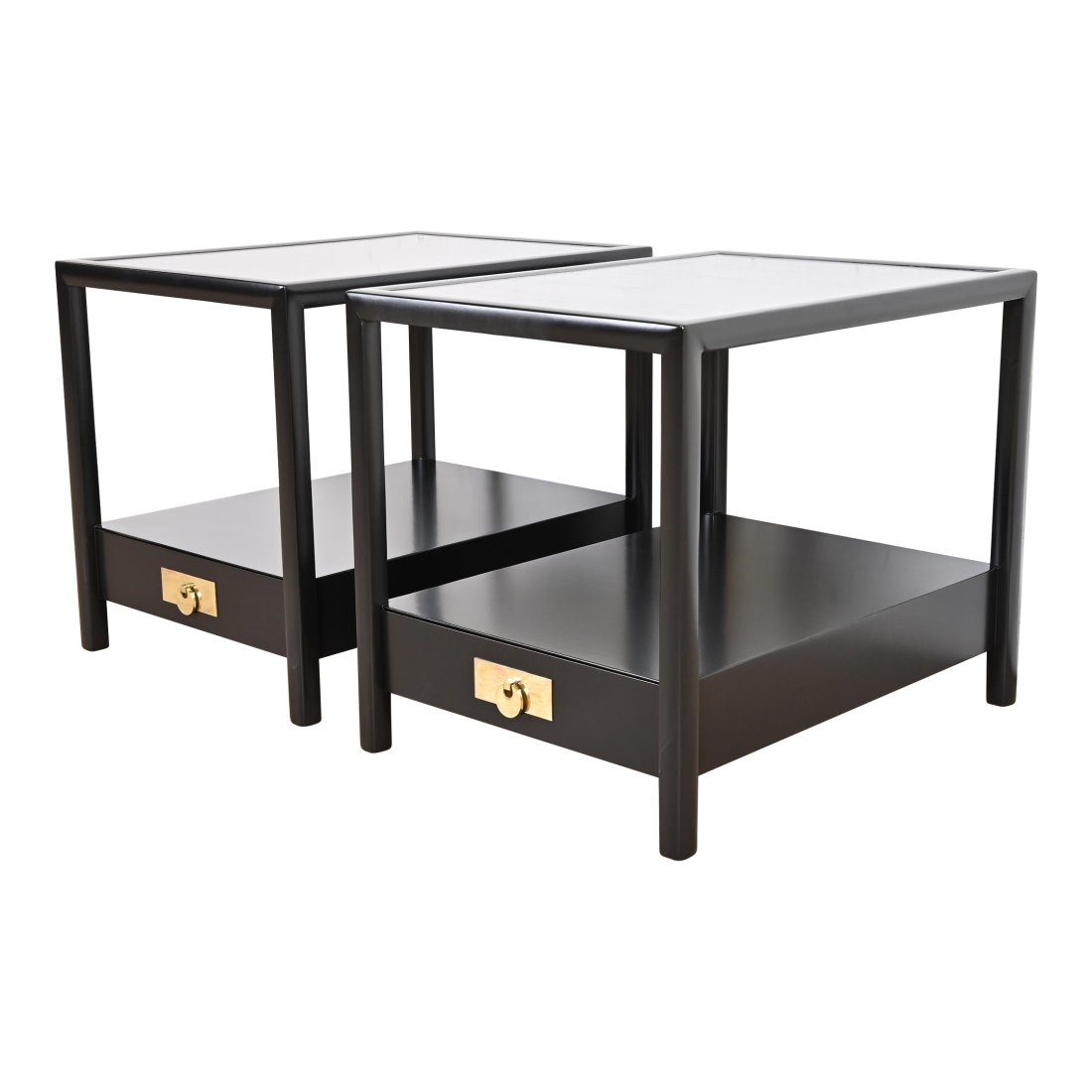 Michael Taylor for Baker Furniture Black Lacquered Nightstands or End Tables, Newly Refinished: An exceptional pair of mid-century modern Hollywood Regency Chinoiserie nightstands or side tables By Michael Taylor for Baker Furniture, "New World Collection" USA, 1950s Black lacquered walnut, with