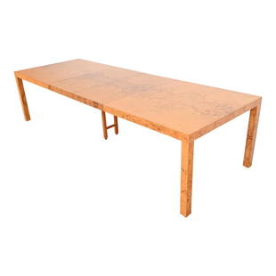 Milo Baughman for Directional Burl Wood Parsons Extension Dining Table, Newly Refinished: An outstanding Mid-Century Modern Parsons extension dining table in stunning book-matched olive ash burl wood By Milo Baughman for Directional, "Custom Collection" USA, 1970s Measures: 78"W x 42"D x 2