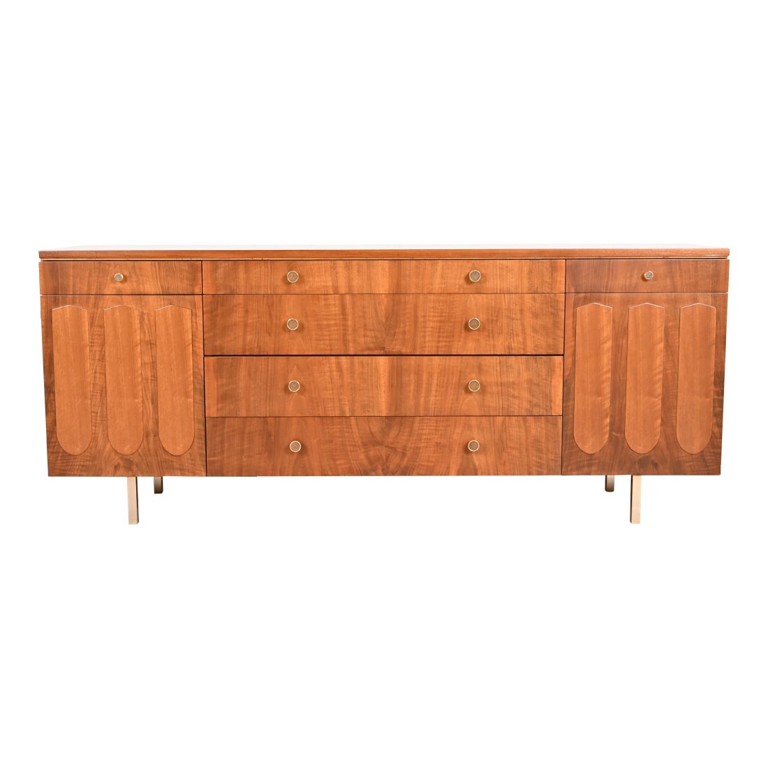 Bert England for Johnson Furniture Mid-Century Modern Sculpted Walnut Dresser or Credenza, Newly Ref: An exceptional Mid-Century Modern sculpted walnut long dresser or credenza By Bert England for Johnson Furniture USA, 1960s Measures: 76"W x 19"D x 31.5"H. Professionally refinished. Excellent conditi