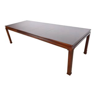 Henredon Hollywood Regency Chinoiserie Mahogany and Burl Wood Extension Dining Table: A gorgeous mid-century modern Hollywood Regency Chinoiserie extension dining table By Henredon USA, Circa 1970s Carved mahogany, with beautiful burl wood top. Measures: 70.25"W x 42"D x 30.25"H. Exten