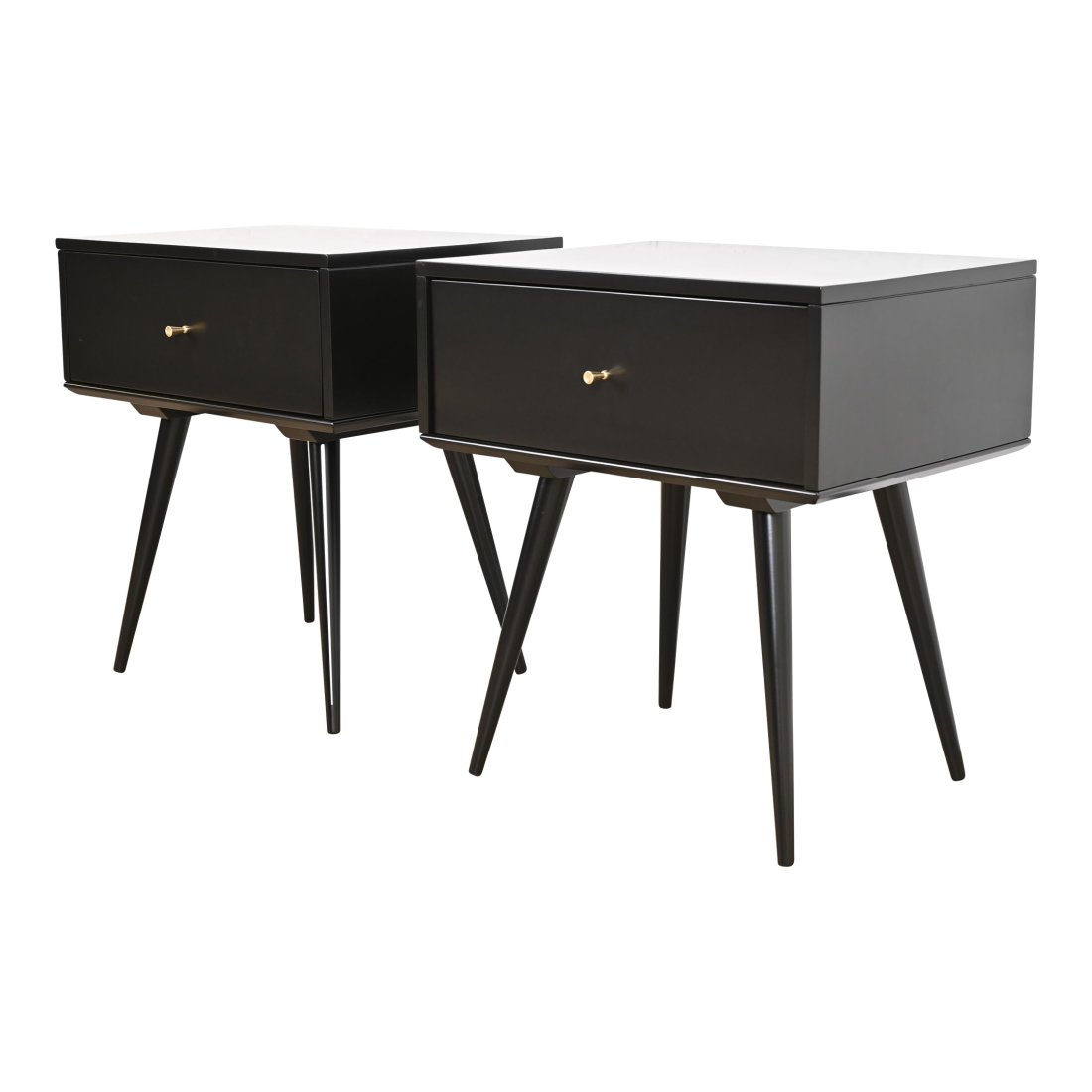 Paul McCobb Planner Group Black Lacquered Nightstands, Newly Refinished: A sleek and stylish pair of Mid-Century Modern single drawer nightstands or end tables By Paul McCobb for Winchendon Furniture, "Planner Group" USA, 1950s Black lacquered solid birch, with brass hardw