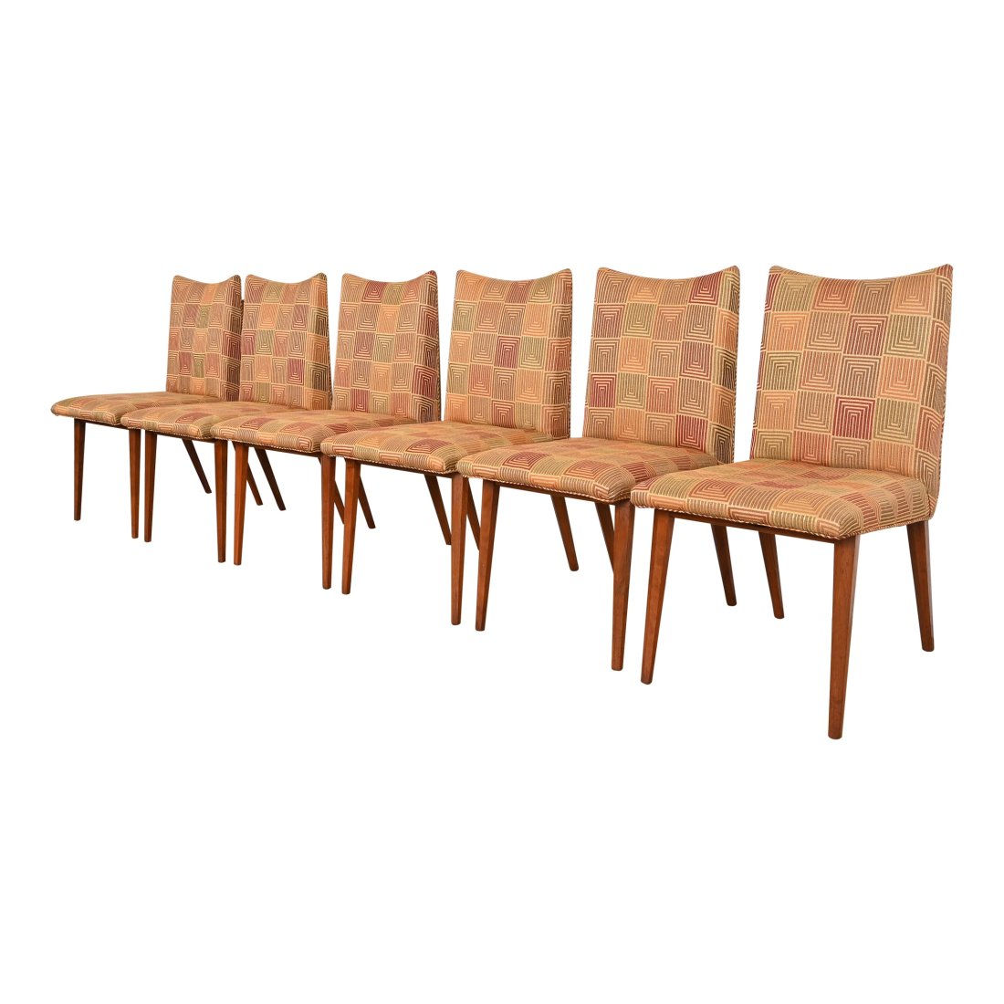 Bert England for Johnson Furniture Mid-Century Modern Walnut Upholstered Dining Chairs, Set of Six: A gorgeous set of six Mid-Century Modern dining chairs By Bert England for Johnson Furniture USA, 1960s Sculpted walnut frames, with a geometric patterned upholstery. Measures: 18.25"W x 20.75"D x 33.