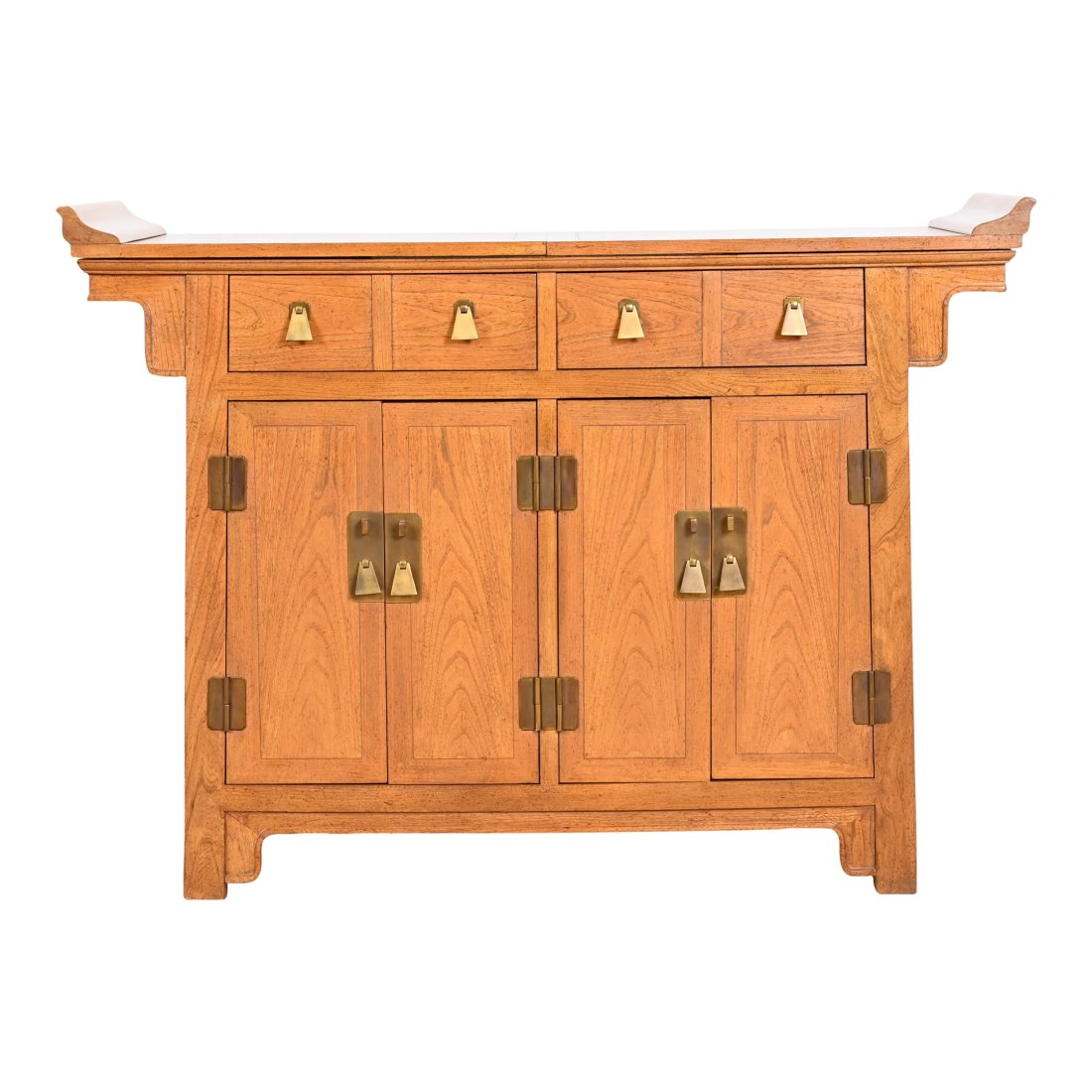 Michael Taylor for Baker Furniture Hollywood Regency Chinoiserie Elm Wood Sideboard or Bar Cabinet: A gorgeous mid-century modern Hollywood Regency Chinoiserie sideboard buffet or bar cabinet By Michael Taylor for Baker Furniture USA, Circa 1970s Carved solid elm wood, with original brass hardware.