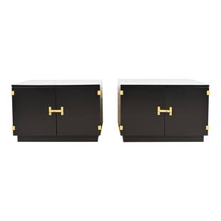 Milo Baughman for Directional Black Lacquered Large Bedside Chests or End Tables, Newly Refinished: An exceptional pair of Mid-Century Modern large nightstands or side tables By Milo Baughman for Directional USA, 1960s Black lacquered walnut, with brass finished accents and hardware. Measures: 30"W
