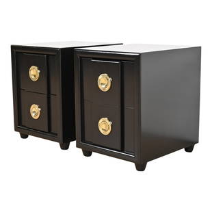 Karpen of California Mid-Century Modern Black Lacquered Nightstands, Newly Refinished: An exceptional pair of mid-century modern Hollywood Regency two-drawer bedside chests By Karpen of California USA, 1950s Black lacquered walnut, with unique original brass hardware. Measures: 18"W x 2