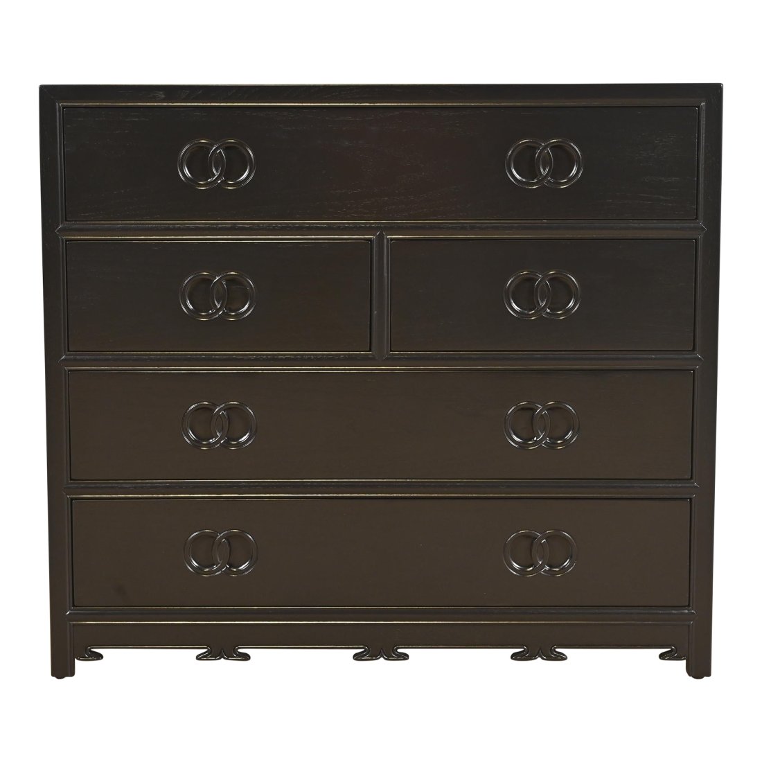 Michael Taylor for Baker Far East Collection Black Lacquered Dresser Chest, Newly Refinished: A stunning mid-century modern Hollywood Regency Chinoiserie five-drawer dresser or chest of drawers By Michael Taylor for Baker Furniture, "Far East" Collection USA, 1960s Black lacquered walnut, with