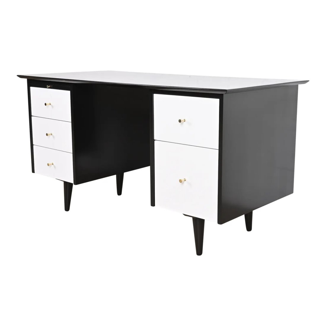 Paul McCobb Planner Group Black and White Lacquered Double Pedestal Desk, Newly Refinished: An exceptional Mid-Century Modern double pedestal executive writing desk By Paul McCobb for Winchendon Furniture, "Planner Group" USA, 1950s Solid black and white lacquered birch, with brass hardware.