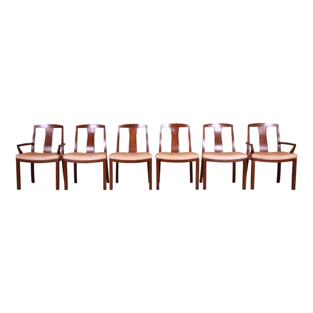 Michael Taylor for Baker Far East Collection Walnut Dining Chairs, Set of Six: A gorgeous set of six mid-century modern Hollywood Regency Chinoiserie dining chairs By Michael Taylor for Baker Furniture "Far East" Collection USA, 1960s Solid carved walnut frames, with gold faux b