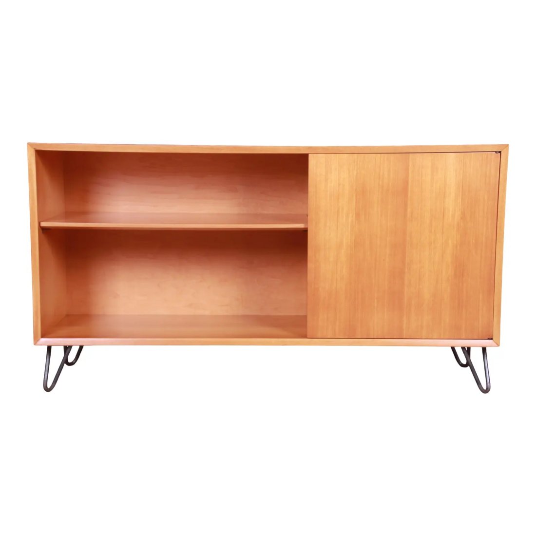 George Nelson for Herman Miller Primavera Wood Credenza or Bookcase on Hairpin Legs, Refinished: An exceptional mid-century modern credenza or bookcase By George Nelson for Herman Miller USA, 1950s Primavera wood case, on steel hairpin legs. Measures: 56.25"W x 18.5"D x 30.25"H. Newly refinished.