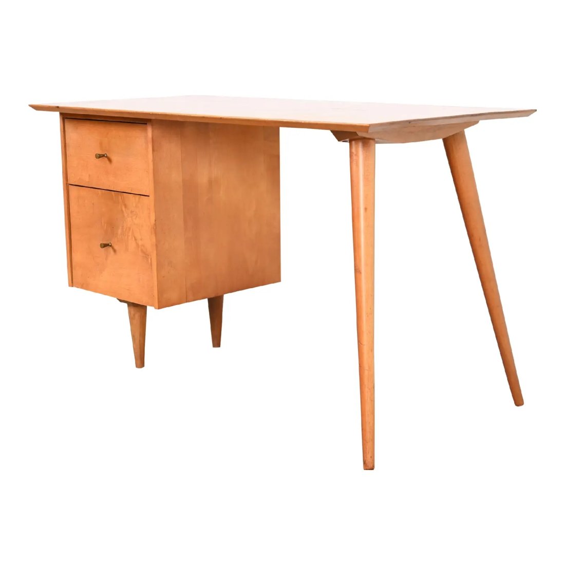 Paul McCobb Planner Group Mid-Century Modern Solid Maple Writing Desk, 1950s: A gorgeous minimalist Mid-Century Modern writing desk By Paul McCobb for Winchendon Furniture, "Planner Group" USA, 1950s Solid maple, with original brass hardware. Measures: 48"W x 24"D x 29"H. Good