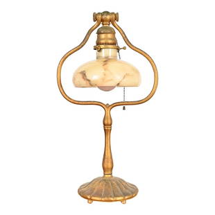 Tiffany Studios New York Gilt Bronze Harp Desk Lamp, Circa 1910: An outstanding Arts & Crafts or Art Deco period harp desk lampBy Tiffany StudiosNew York, USA, Early 20th CenturyGilt bronze, with beautiful alabaster shade.Measures: 9"W x 6"D x 17"H.Good original