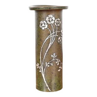 Heintz Arts & Crafts Sterling Silver on Bronze Vase: A beautiful Arts & Crafts period sterling silver on bronze floral vase with verdigris green patinaBy Heintz Art Metal ShopUSA, Early 20th CenturyMeasures: 2.75"W x 2.75"D x 6"H.Fair to good original