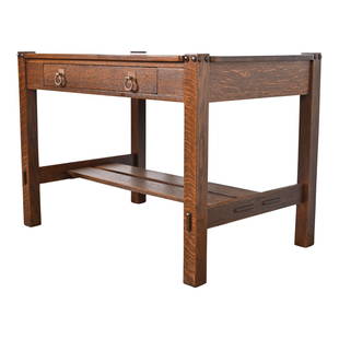 Antique Stickley Brothers Mission Oak Arts & Crafts Desk or Library Table, Newly Restored: An exceptional antique Mission or Arts & Crafts writing desk or library tableBy Stickley BrothersUSA, Circa 1900Quarter sawn oak, with original hammered copper hardware.Measures: 42"W x 27.75"D x