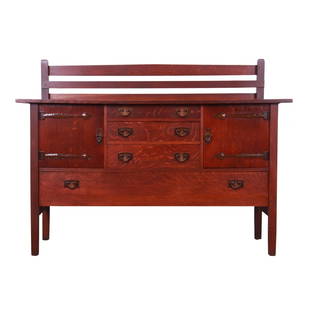 Gustav Stickley Mission Oak Arts & Crafts Sideboard, Circa 1900: A rare and exceptional antique Mission oak Arts & Crafts sideboard or credenza with plate rack By Gustav Stickley USA, Circa 1900 Quarter sawn oak, with ooze leather lined top drawer, and original ham