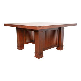 After Frank Lloyd Wright Dana Thomas House Arts & Crafts Mission Oak Dining or Breakfast Table, Newl: An exceptional Mission or Arts & Crafts style oak dining table or breakfast table In the manner of Frank Lloyd Wright By J.B. Van Sciver Co. USA, Circa Mid-20th Century Measures: 54"W x 54"D x 28.5"H.