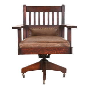 Stickley Brothers Antique Mission Oak Arts & Crafts Executive Swivel Desk Chair: A rare and exceptional Mission or Arts & Crafts executive swivel desk chair By Stickley Brothers USA, circa 1900 Solid quarter sawn oak and iron frame, with brown leather upholstery. Measures: 29"W x