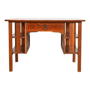 Stickley Brothers Antique Mission Oak Arts & Crafts Desk With Built-In Bookcases, Circa 1900: An exceptional antique Mission or Arts & Crafts writing desk or library table with built-in bookcases By Stickley Brothers USA, Circa 1900 Solid quarter sawn oak, with original hammered copper hardwar