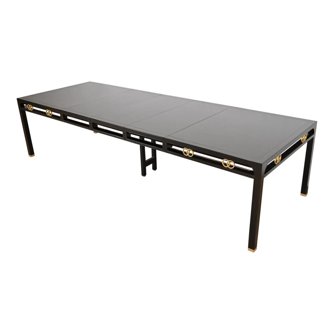 Michael Taylor for Baker Furniture Far East Collection Black Lacquered Extension Dining Table: An exceptional mid-century modern Hollywood Regency Chinoiserie extension dining table By Michael Taylor for Baker Furniture, "Far East Collection" USA, 1950s Black lacquered walnut, with iconic brass