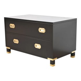 Baker Furniture Hollywood Regency Black Lacquered Campaign Commode or Chest of Drawers, Refinished