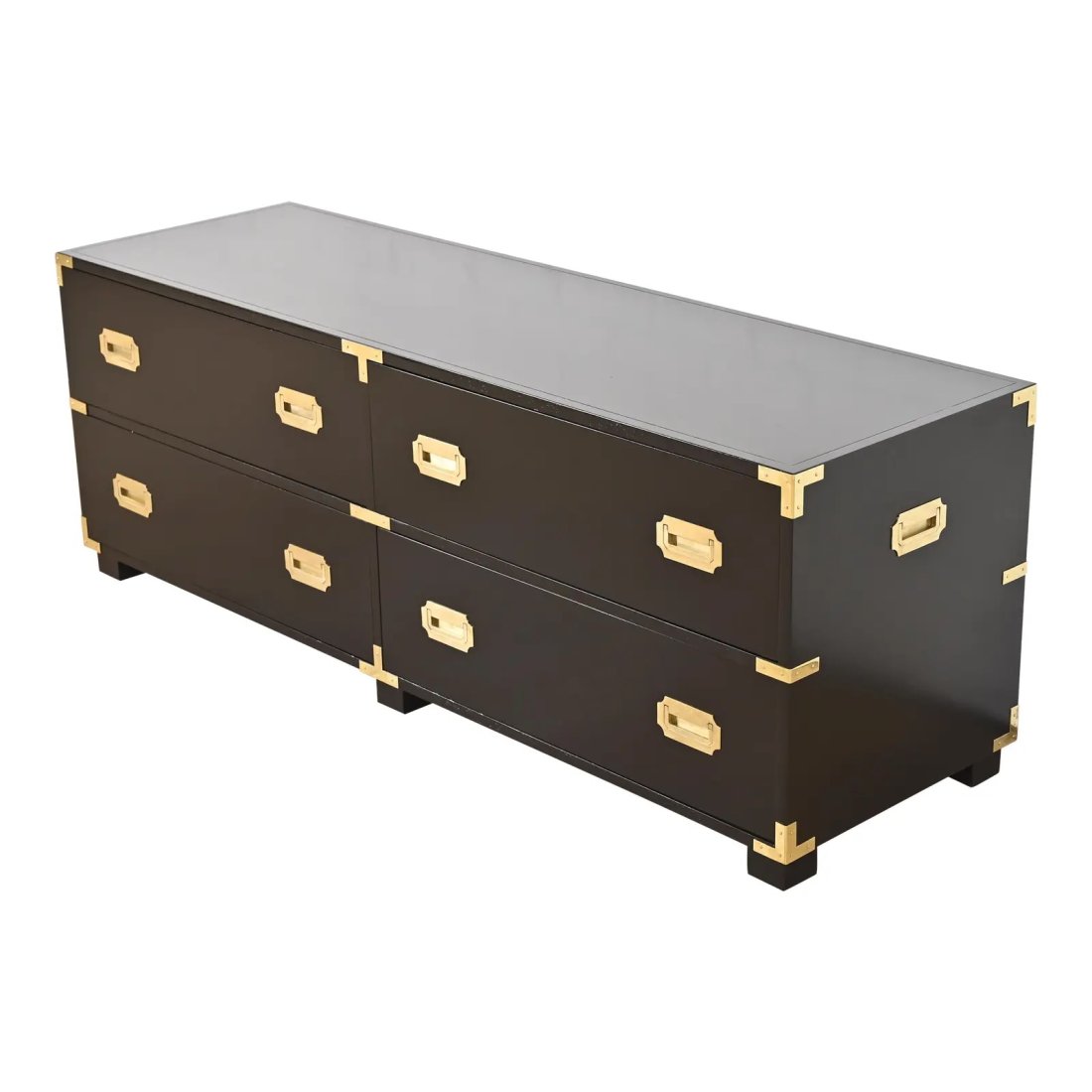 Michael Taylor for Baker Furniture Hollywood Regency Black Lacquered Campaign Chest of Drawers: An exceptional mid-century modern Hollywood Regency Campaign four-drawer low dresser or chest of drawers By Michael Taylor for Baker Furniture, "Far East" Collection Retailed by B. Altman & Co., Fifth