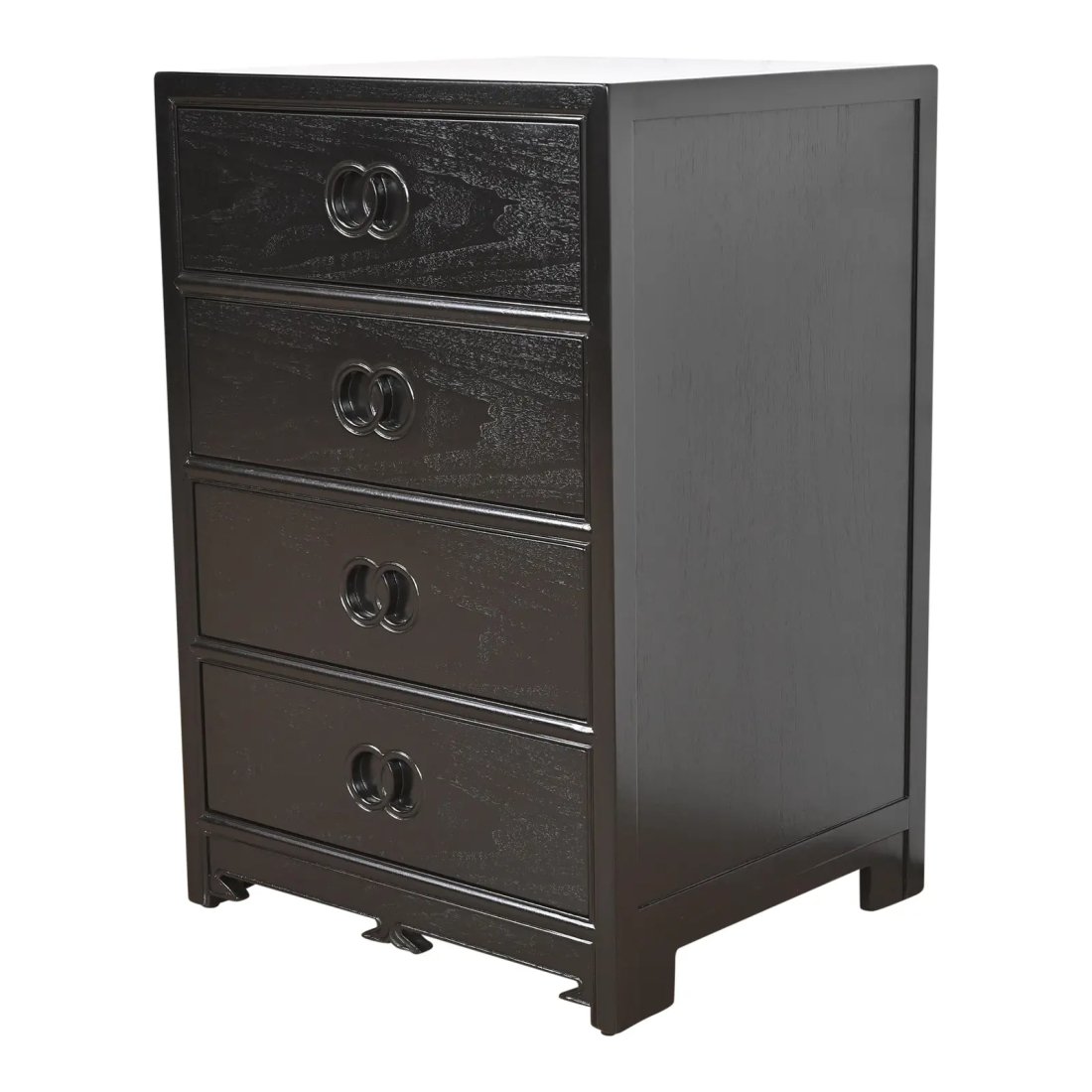 Michael Taylor for Baker Far East Collection Black Lacquered Chest of Drawers, Newly Refinished: A stunning mid-century modern Hollywood Regency Chinoiserie four-drawer bachelor chest of drawers or bedside chest By Michael Taylor for Baker Furniture, "Far East Collection" USA, 1960s Black lacquer