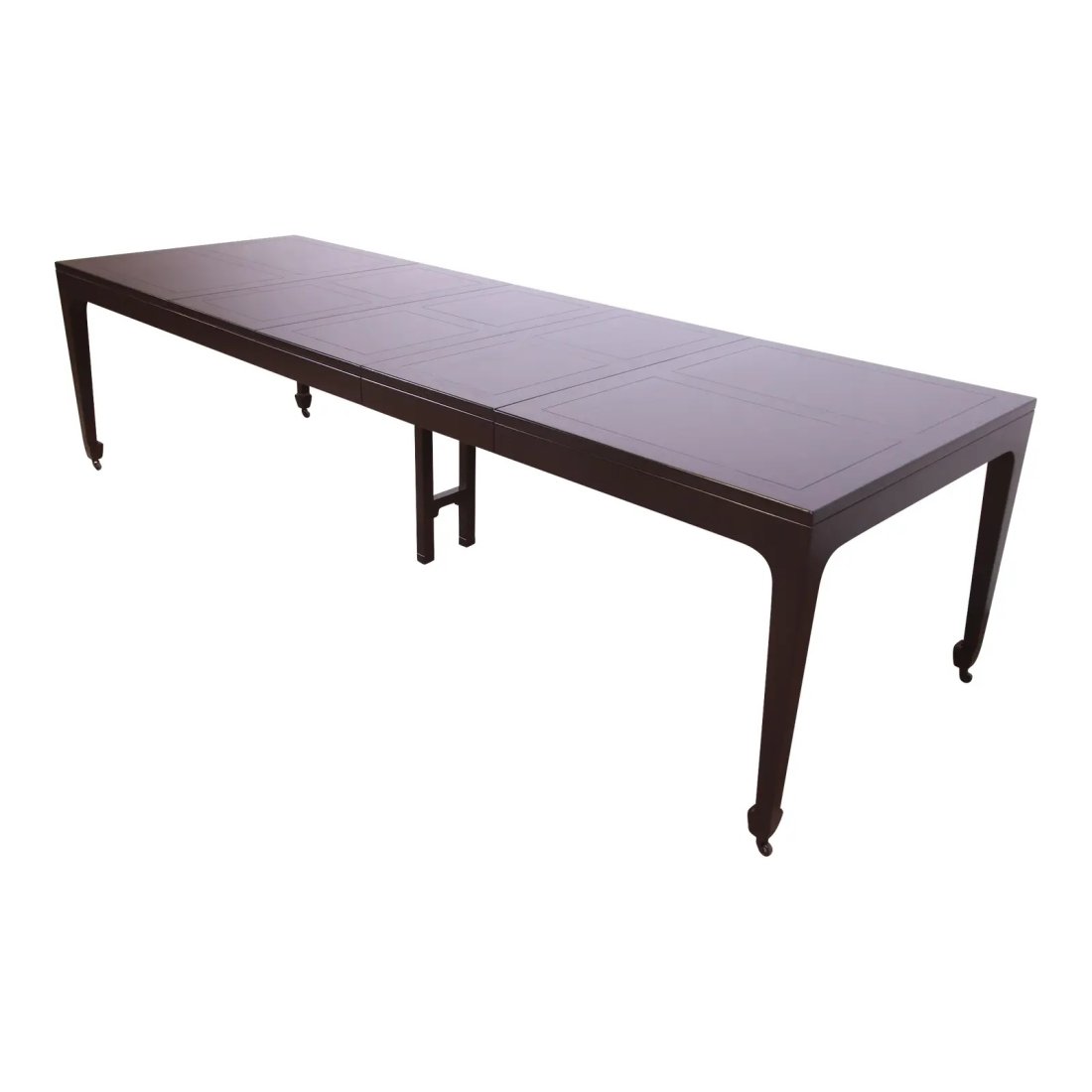 Michael Taylor for Baker Furniture Far East Collection Black Lacquered Dining Table, Refinished: An exceptional mid-century modern Hollywood Regency Chinoiserie extension dining table By Michael Taylor for Baker Furniture, "Far East Collection" USA, 1950s Black lacquered walnut, with elegant Asia