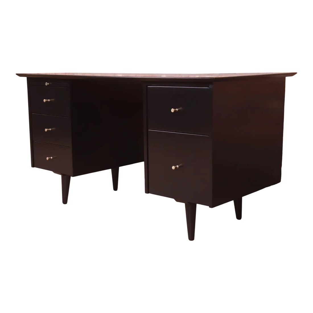 Paul McCobb Planner Group Black Lacquered Double Pedestal Desk, Newly Refinished: An exceptional mid-century modern double pedestal executive writing desk By Paul McCobb for Winchendon Furniture, "Planner Group" USA, 1950s Solid black lacquered birch, with brass hardware. Measures: