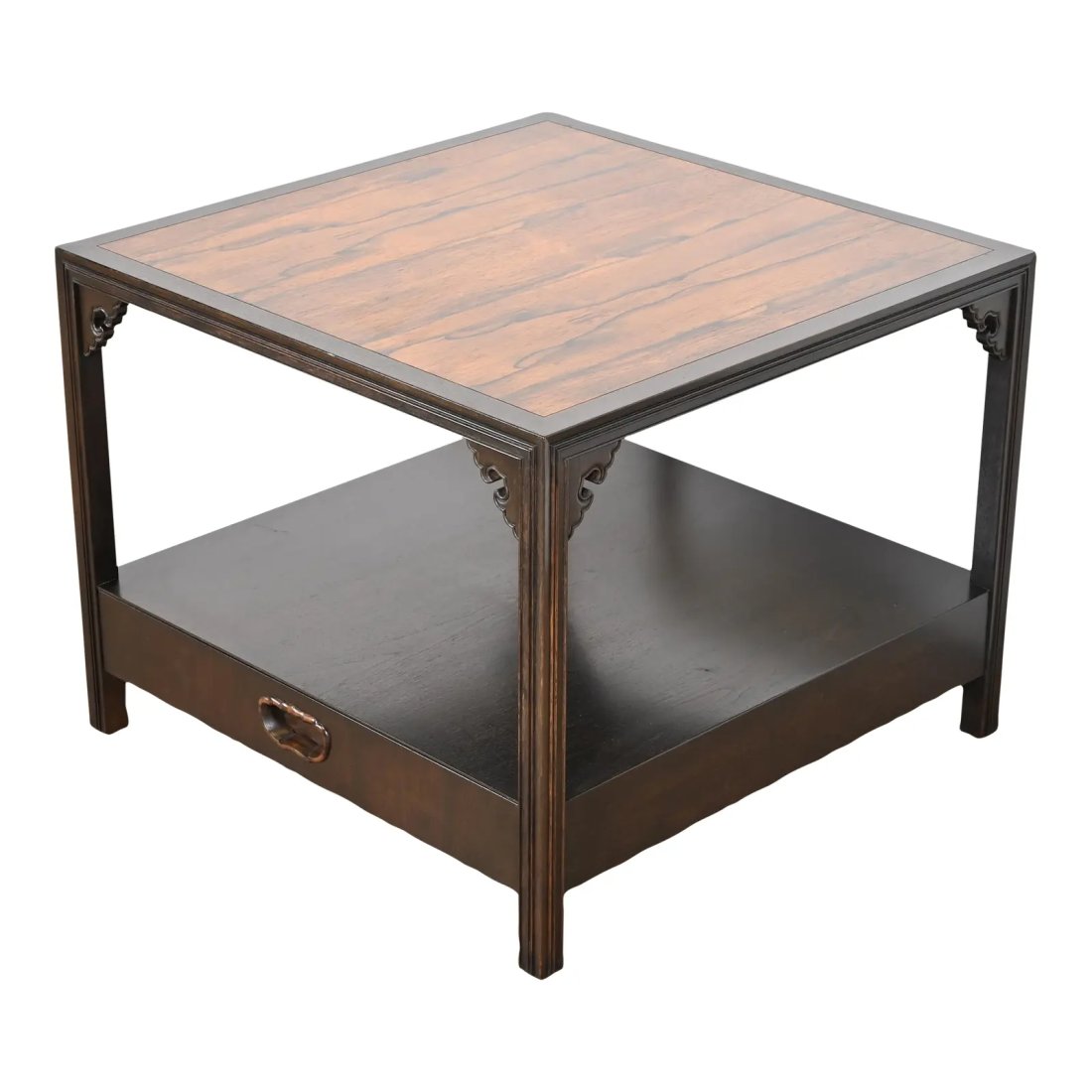 Michael Taylor for Baker Far East Collection Chinoiserie Rosewood Cocktail Table or Occasional Side: A gorgeous Mid-Century Modern Hollywood Regency Chinoiserie two-tier cocktail table or occasional side table By Michael Taylor for Baker Furniture, "Far East" Collection USA, 1960s Stunning book-match