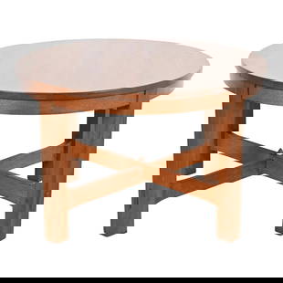 Gustav Stickley Antique Mission Oak Arts & Crafts Round Dining Table, Newly Restored: A rare and exceptional Mission or Arts & Crafts quarter sawn oak round dining table or center table By Gustav Stickley (original red label present) USA, Circa 1900 Measures: 48"W x 48"D x 30"H. Profes