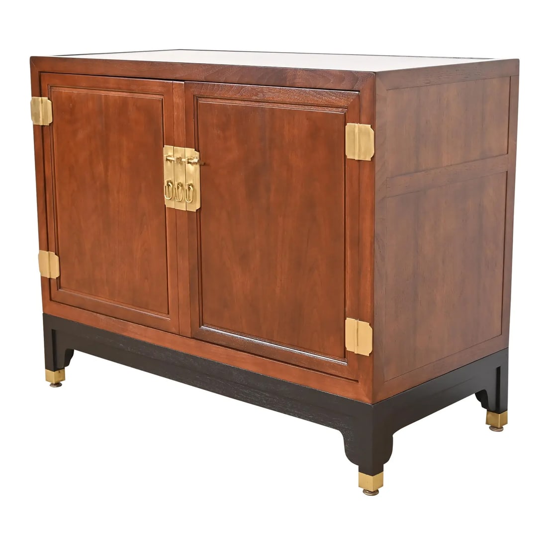 Michael Taylor for Baker Furniture Far East Collection Walnut Bar Cabinet, Newly Refinished: A gorgeous mid-century modern Hollywood Regency Chinoiserie credenza or bar cabinet By Michael Taylor for Baker Furniture, "Far East Collection" USA, 1960s Gorgeous walnut, with black lacquered base,