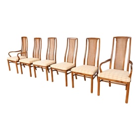 Drexel Heritage Mid-Century Modern Walnut and Cane High Back Dining Chairs, Set of Six