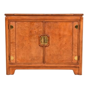 Thomasville Hollywood Regency Chinoiserie Burl Wood Rolling Flip Top Bar Cart Server, Circa 1970s