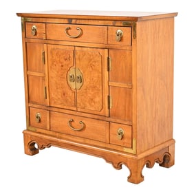 Thomasville Hollywood Regency Chinoiserie Burl Wood Commode or Bar Cabinet, Circa 1960s