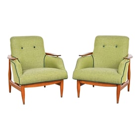 Finn Juhl Danish Modern Upholstered Teak Lounge Chairs, Pair