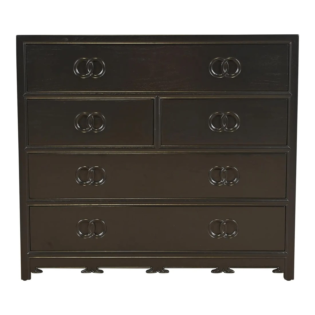 Michael Taylor for Baker Far East Collection Black Lacquered Dresser Chest, Newly Refinished: A stunning mid-century modern Hollywood Regency Chinoiserie five-drawer dresser or chest of drawers By Michael Taylor for Baker Furniture, "Far East" Collection USA, 1960s Black lacquered walnut, with