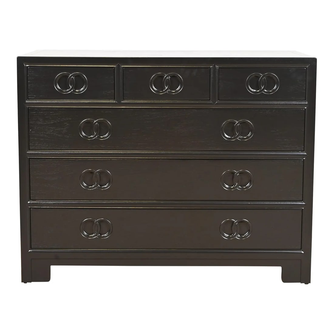 Michael Taylor for Baker Far East Collection Black Lacquered Dresser Chest, Newly Refinished: A stunning mid-century modern Hollywood Regency Chinoiserie six-drawer dresser, chest of drawers, or sideboard server By Michael Taylor for Baker Furniture, "Far East" Collection USA, 1960s Black lacq
