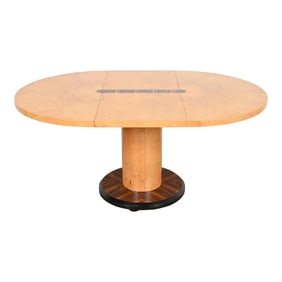 Milo Baughman Style Mid-Century Modern Burl Wood and Macassar Ebony Pedestal Dining Table