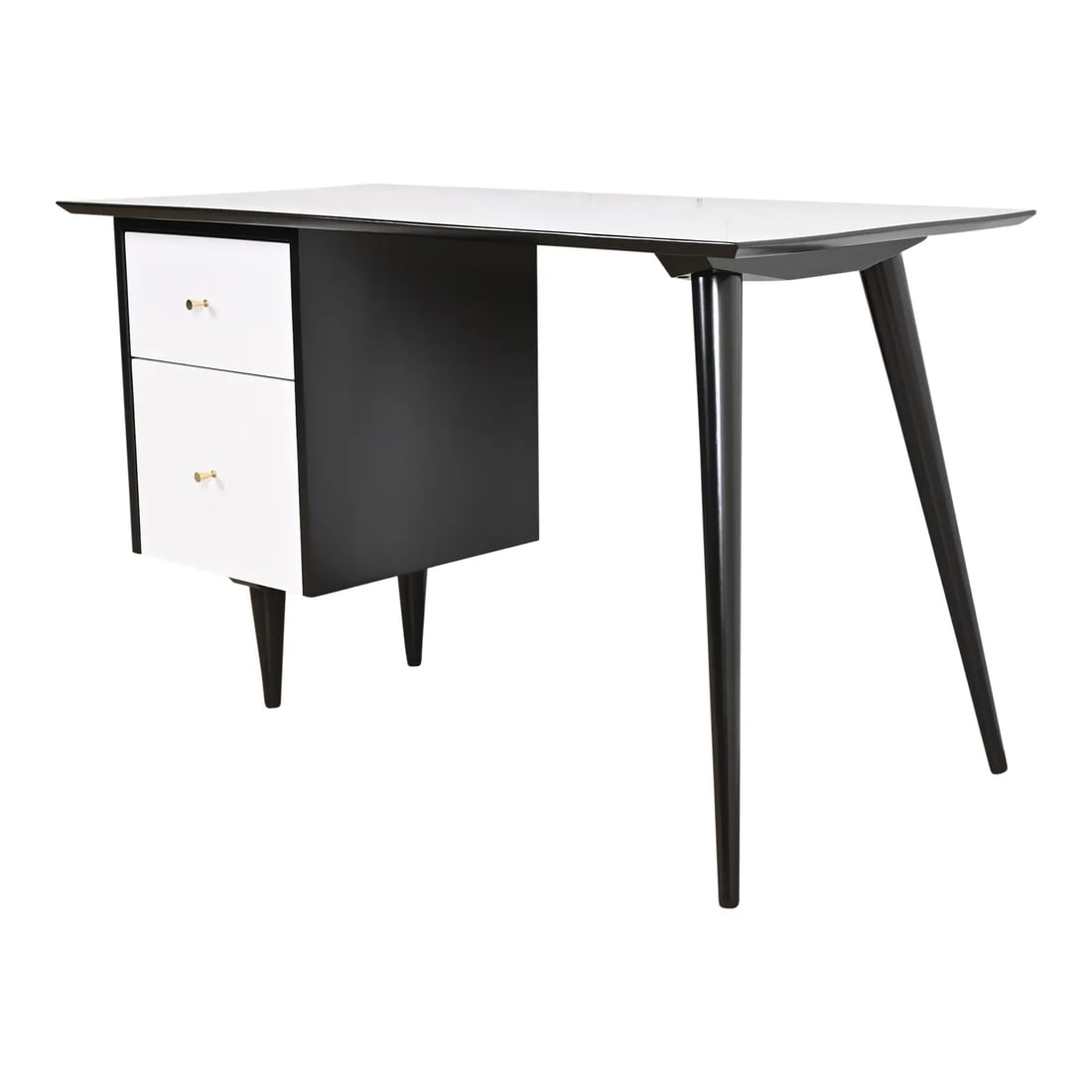 Paul McCobb Planner Group Black and White Lacquered Writing Desk, Newly Refinished: An exceptional minimalist Mid-Century Modern writing desk By Paul McCobb for Winchendon Furniture, "Planner Group" USA, 1950s Black and white lacquered solid maple, with brass hardware. Measures: 48"W