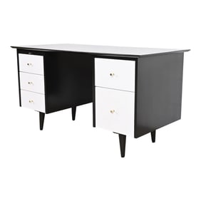 Paul McCobb Planner Group Black and White Lacquered Double Pedestal Desk, Newly Refinished