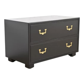 Henredon Hollywood Regency Black Lacquered Campaign Chest of Drawers, Newly Refinished