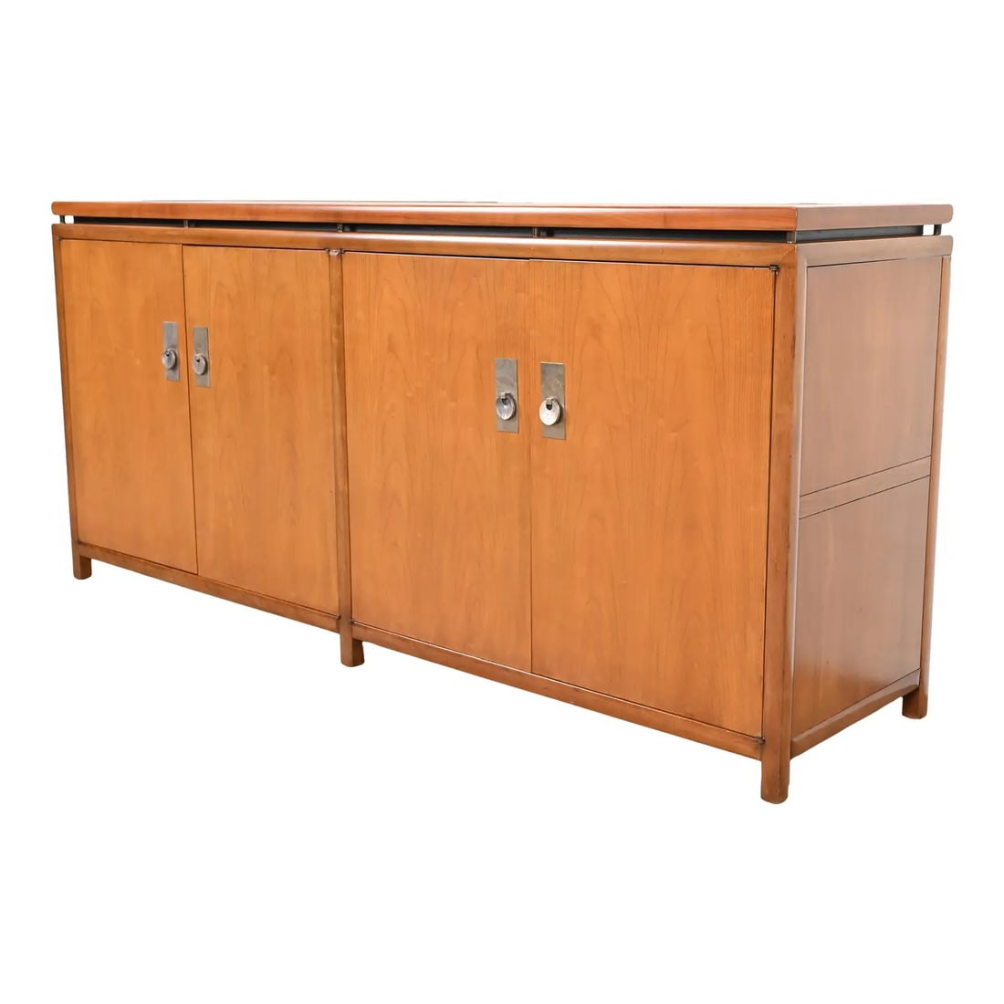 Michael Taylor for Baker Furniture Mid-Century Hollywood Regency Cherry Wood Sideboard Credenza: An exceptional mid-century modern Hollywood Regency Chinoiserie sideboard, credenza, or bar cabinet By Michael Taylor for Baker Furniture, "New World" Collection USA, 1950s Cherry wood, with original