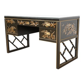 Chinoiserie Hollywood Regency Campaign Black Lacquered Writing Desk by Sligh