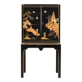 Baker Furniture Hollywood Regency Chinoiserie Black Lacquered and Gold Gilt Hand Painted Bar Cabinet